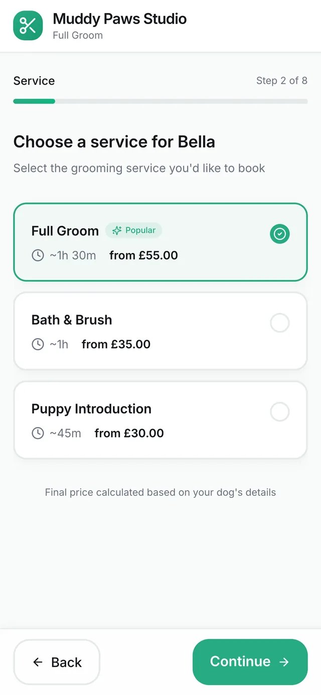 The GroomRules booking page: choosing a service for Bella, with the duration and price shown for each option
