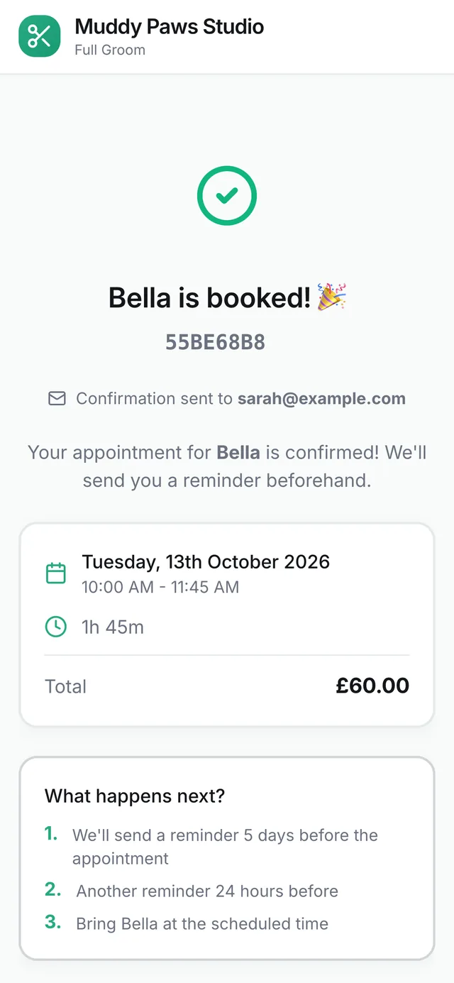 The GroomRules confirmation: Bella is booked for Tuesday 13 October, 1 hour 45 minutes, £60, with reminders 5 days and 24 hours before